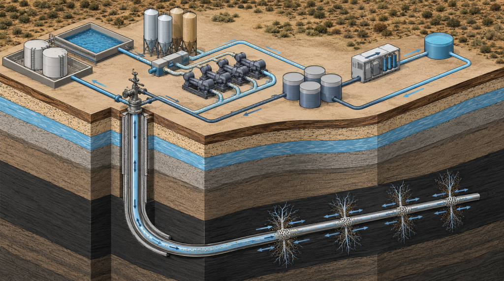 Uso de agua y arena y gestión del agua de retorno durante la fractura hidráulica en Vaca Muerta.