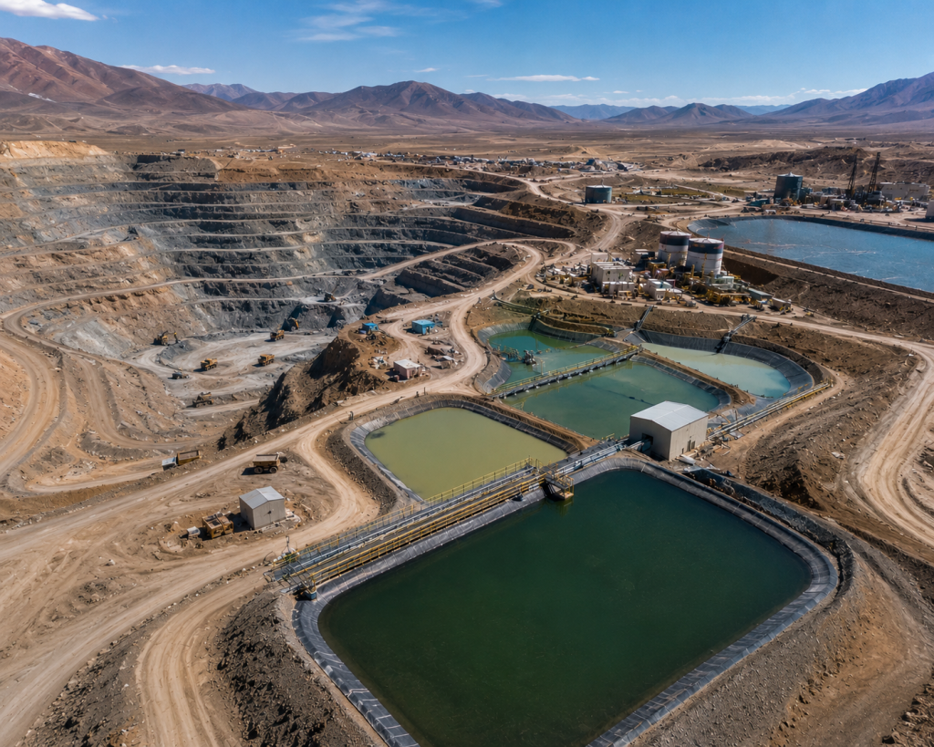 Gestión de agua en operaciones extractivas mineras con canales de drenaje e infraestructura hidráulica industrial