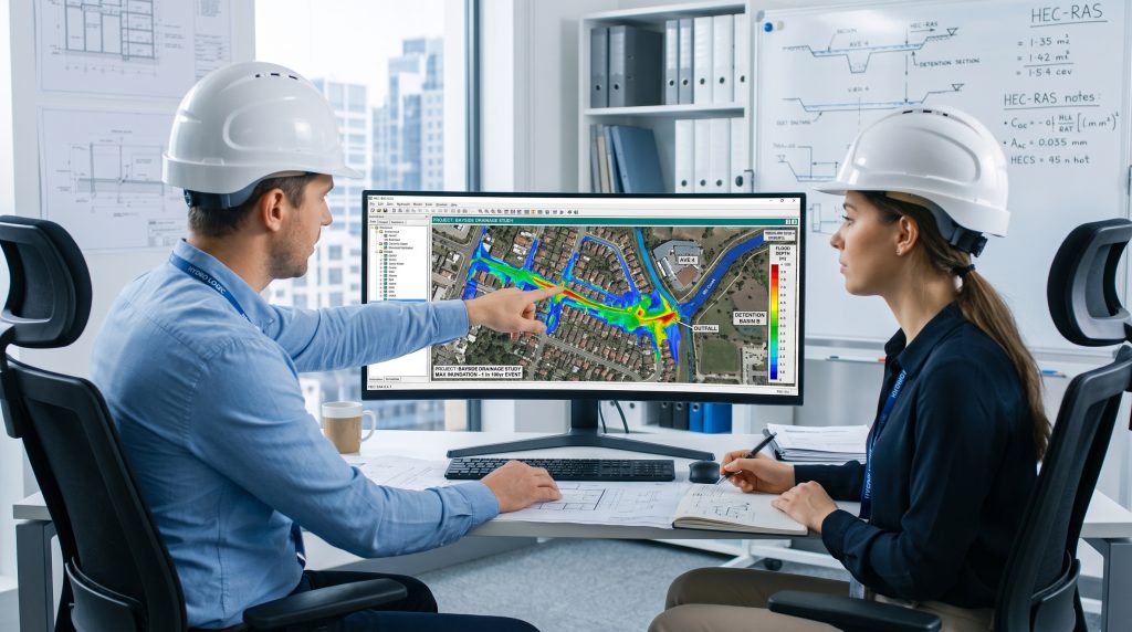 Ingenieros hidráulicos realizando modelación hidrológica de sistema de drenaje pluvial para desarrollo urbano residencial