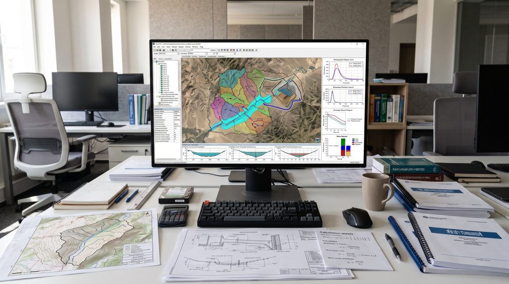 Ingenieros revisando modelos hidrológicos e hidráulicos para operaciones extractivas petroleras y mineras